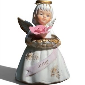 Figurine Lefton China 1988 Vintage Porcelain White Pink Gold Angel June Birthday